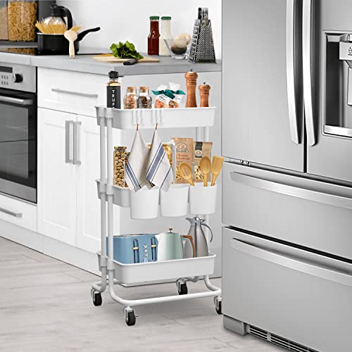 3-Tier Rolling Storage Organizer with 3 Small Baskets - Mobile Utility Cart with Caster Wheels (White)