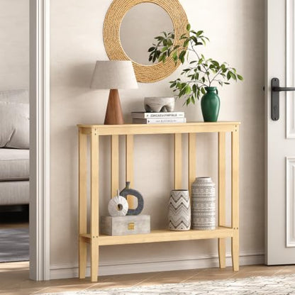 ELYKEN Bamboo 2-Tier Narrow Console Table, 36.2" Long Slim Hallway Table | Sofa Table Behind Couch with Storage Shelf for Entryway, Living Room, Foyer - color: Natural