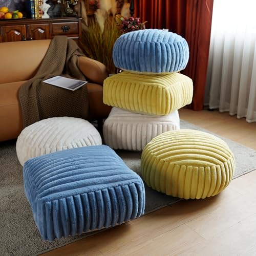 Unstuffed Pouf Ottoman Round Pouf Cover Soft Bean Bag, Blue | Cover Only, 20x20x8 In, Soft Short Plush, Ribbed Texture, Modern Style, Living Room, Bedroom, Reading Nook - color: Blue