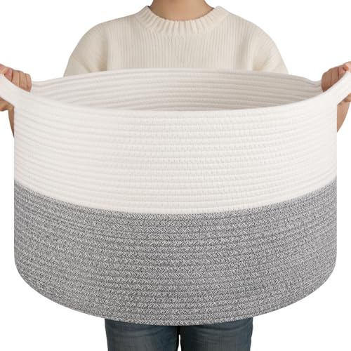 OIAHOMY Large Blanket Basket for Living Room, 19.7" x 12.6" Woven Cotton Rope Laundry Basket for Organizing Pillows, Decorative Stuffed Animal Toy Storage for Nursery, White and Light Grey - color: White and Light Grey, size: 19.7"D x 12.6"H