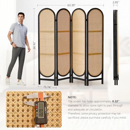 4 Panel Rattan Room Divider, Folding Room Divider Screen, Black | Pine Wood Frame Freestanding Privacy Screen, Arched Room Separator for Bedroom Office, Light-Filtering Privacy, Easy to Move - color: 4 Panels Black Natural, size: 4 Panels