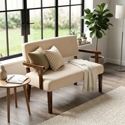 Accent Chair 2 Seat, Upholstered Reading Leisure Chair, Bench with Solid Wood Frame for Dining, Reading,Waiting Rooms (Beige) - color: Beige, size: Bench