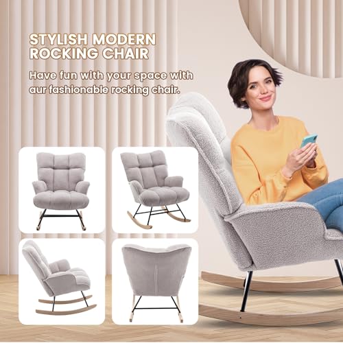Rocking Chair Nursery Teddy Upholstered Glider Rocker Rocking Accent Chair Padded Seat with High Backrest Armchair Comfy Side Chair for Living Room Bedroom Offices (Grey Teddy) - color: Grey