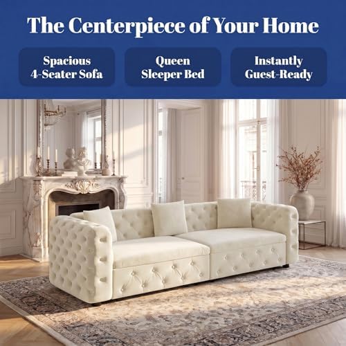 89" 4-Seater Queen Size Pull Out Sofa Bed with 3 Pillows, Beige | 4-Seater Classic Velvet Sofa with Tufted Design,3 Pillows,89" Extra Large 3-in-1 Pull Out Sofa - color: Q-beige-0w3