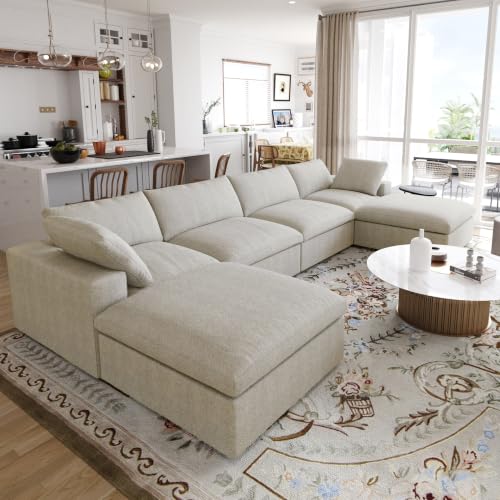 161" Cloud Modular Sofa, Convertible Modular U-Shaped Couch with Storage Ottoman, Cotton Linen Fabric Sofa for Living Room, Apartment and Bedroom, Removable Covers, 2 Pillows, Khaki - color: Khaki, size: U-Shape
