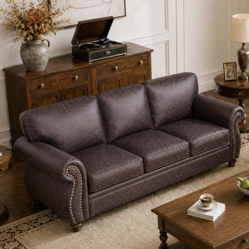 88" W 3-Seater Sofa Couch, Faux Leather Fabric Sofas, Brown | Faux Leather Fabric 3-Seater Sofa, Mid-Century Vintage Upholstered Couch for Living Room - color: Brown, size: S-3 seat