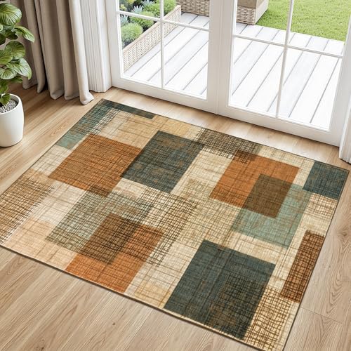 Washable 2x3 Entryway Rug Throw Rugs with Rubber Backing Orange/Blue | Non Slip, Low-Pile, Soft Stain Resistant, Patchwork Grid Print Door Mat Indoor Entrance for Kitchen Entry Bathroom Decor - color: Orange/Blue Multi, size: 2' x 3' (Rectangular)