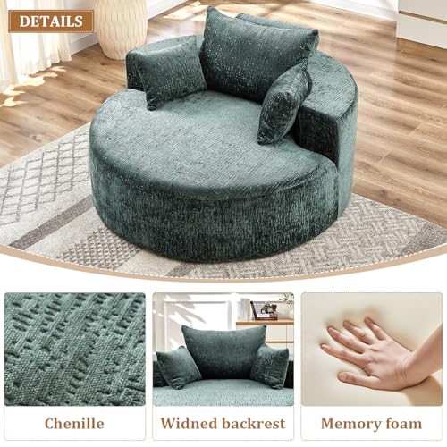 55" Oversized Round Chaise Longue Chair Indoor, Upholstered Chenille Circle Single Cloud Reading Sofa Chair Deep Seat Modern Boneless Sleeper Couch No Assembly Required, Green - color: Green, style: 55"Chenille
