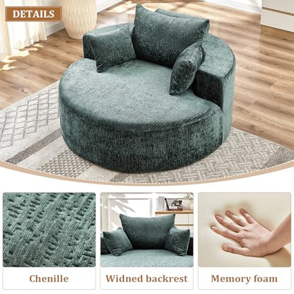 55" Oversized Round Chaise Longue Chair Indoor, Upholstered Chenille Circle Single Cloud Reading Sofa Chair Deep Seat Modern Boneless Sleeper Couch No Assembly Required, Green - color: Green, style: 55"Chenille