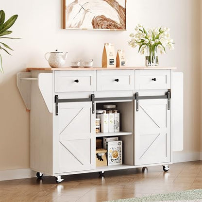 VINGLI 52" W Kitchen Island with Storage and Drop Leaf, Washed White | Farmhouse Rolling Cart with 3 Drawers, Sliding Barn Doors, Adjustable Shelves, Side Rack and Locking Wheels - color: White 2-box