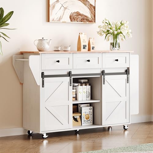 VINGLI 52" W Kitchen Island with Storage and Drop Leaf, Washed White | Farmhouse Rolling Cart with 3 Drawers, Sliding Barn Doors, Adjustable Shelves, Side Rack and Locking Wheels - color: White 2-box