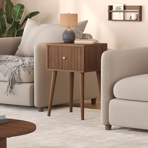 Akxomel Small Nightstand Set 2 Fluted Wooden Nightstands Wood Legs Walnut | Bedside Table with Storage Drawer, Modern Mid-Century End Side Table with Solid Wood Legs, for Bedroom, Office, Small Space - color: Walnut