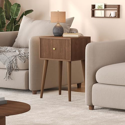 Akxomel Small Nightstand Set 2 Fluted Wooden Nightstands Wood Legs Walnut | Bedside Table with Storage Drawer, Modern Mid-Century End Side Table with Solid Wood Legs, for Bedroom, Office, Small Space - color: Walnut