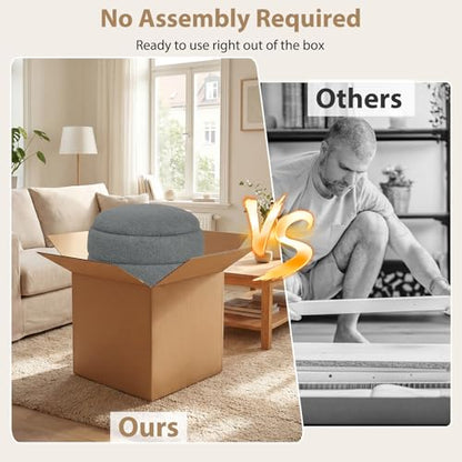 Giantex Round Ottoman with Storage, 360° Swivel Boucle Vanity Stool with Removable Lid, No Assembly Ottoman Foot Rest for Living Room, Bedroom, Makeup Room (Gray & Brown)