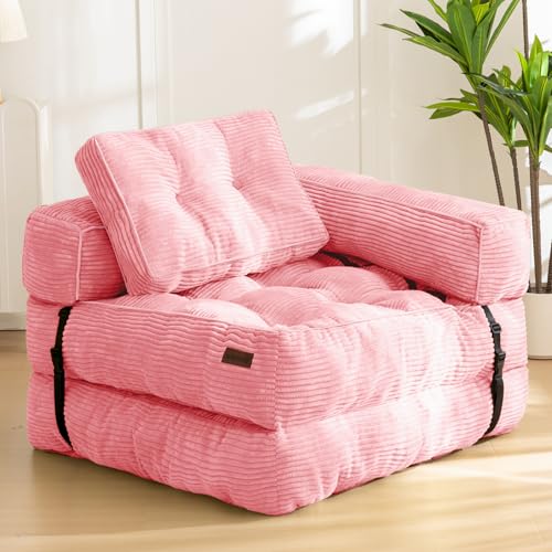 MAXYOYO Folding Sofa Bed, Convertible Chair Bed with Pillow | L-Shaped Floor Sofa with Armrest and Pillow, Foldable Portable Fold Out Comfy Chair Bed for Living Room Bedroom, Pink - color: Pink