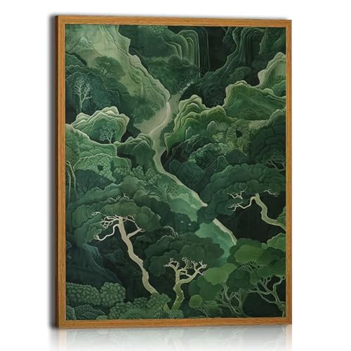 Framed Canvas Painting Wall Art Oriental Forest Landscape Print Poster Green Nature Gallery Picture Home Decor Canvas Landscape Painting Poster 16x24 Inch Ready To Hang - color: Oriental landscape paintings, size: 16x24 Inch
