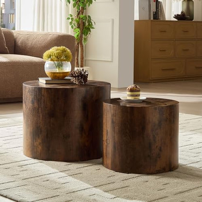 Round Nesting Coffee Table Set of 2 Living Room, No Assembly | Modern Wooden Center Tables, Tea Table for Apartment, Small Circle Accent End Table Set, Dark Brown - color: A-dark Brown