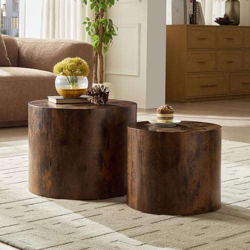 Nesting Coffee Table Set of 2, Modern Round Coffee Table Drum Side Table, Wooden Circle Accent Tables End Tables for Small Spaces Living Room Bedroom Office, No Need Assembly - color: 18.9" & 14.96" Dark Brown