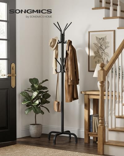 SONGMICS Coat Rack Freestanding with 16 Hooks, Metal Coat Tree Stand with 4 Adjustable Feet, Clothes Hanger Stand for Entryway Bedroom Living Room Hallway Office, Ink Black URCR083BH01S - color: Black, style: 16 hooks