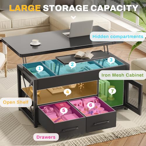 Itaar 40" Lift Top Coffee Table with Storage for Living Room, 4 in 1 Table | Black LED Expandable Coffee Table with 2 Fabric Drawers & LED Light & Hidden Compartmen for Dining Living Room Table - color: Black