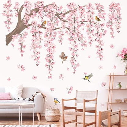 decalmile Pink Flower Tree Branch Cherry Blossom Wall Decals Stickers (XL) - style: Flower Tree