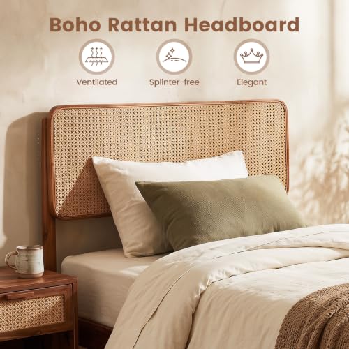 Giantex Wooden Bed Frame Twin Size, Rattan Headboard Platform Bed (Twin) | Wooden Slat Support, Acacia Wood Mattress Foundation No Box Spring Needed - size: Twin
