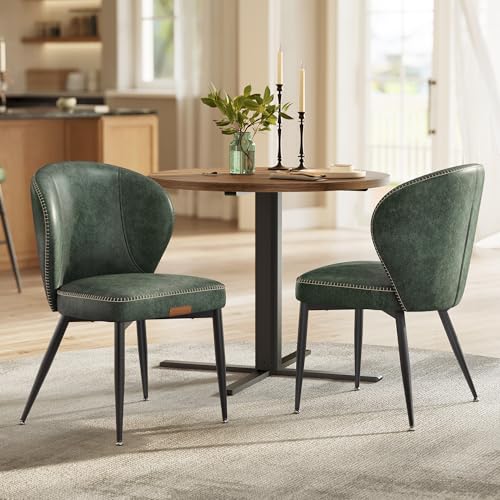VASAGLE Dining Chairs Set of 2, Upholstered Kitchen Chairs | Synthetic Leather with Stitching, Mid-Century Modern, Easy Assembly, Living Room Lounge, Forest Green - color: Forest Green, size: Set of 2, style: Without Storage