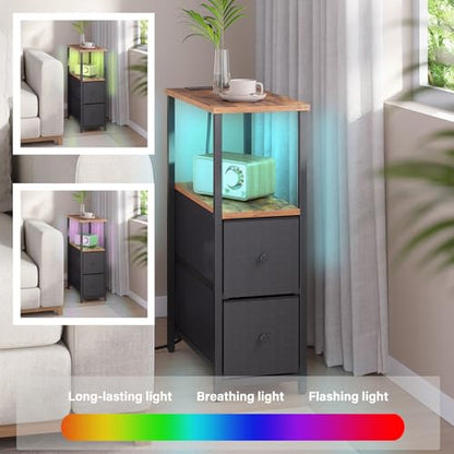 TUTOTAK Narrow LED End Table with Charging Station, Skinny Side Table | Bedside Table with Outlets, Nightstand with 2 Cloth Drawers, Couch Table for Living Room, Bedroom, Brown and Black TB01BB056K - color: Brown and Black, style: 2 Drawers with Plug & Li