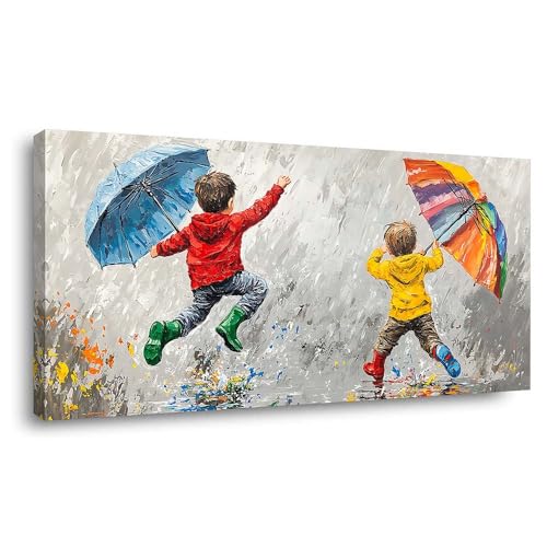 ZESTRILIA Joyful Kids Playing in Rain Canvas Wall Art, Rainbow Umbrella Children Oil Painting Print, Modern Colorful Impressionist Art for Nursery Bedroom Playroom Living Room (40x20 Inch) - color: Blue Children Umbrellas