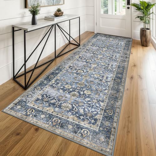 KUTA Vintage Wide Washable Runners for Hallways 3x8 ft Blue Grey Beige | Non-Slip, Non-Shedding, Low Pile, Ultra Soft Distressed Kitchen Runner For Hall Entryway Bedroom Laundry Foyer - color: Blue Grey Beige, size: 3' x 8' (Runner)