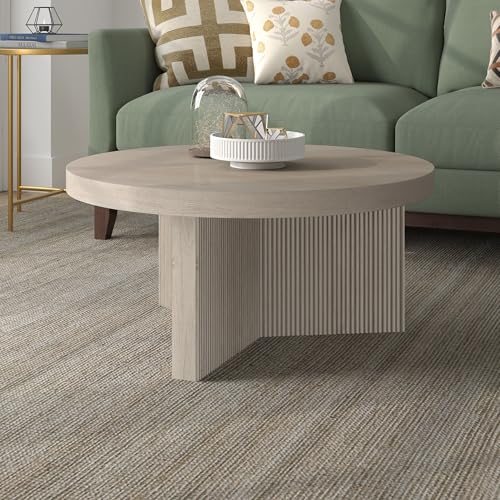 Henn&Hart 32" Scandinavian Fluted Coffee Table, Beech White | Ribbed pedestal base and low profile bring Scandinavian style to small spaces including living rooms or family rooms - color: Beech White, size: 32 inches