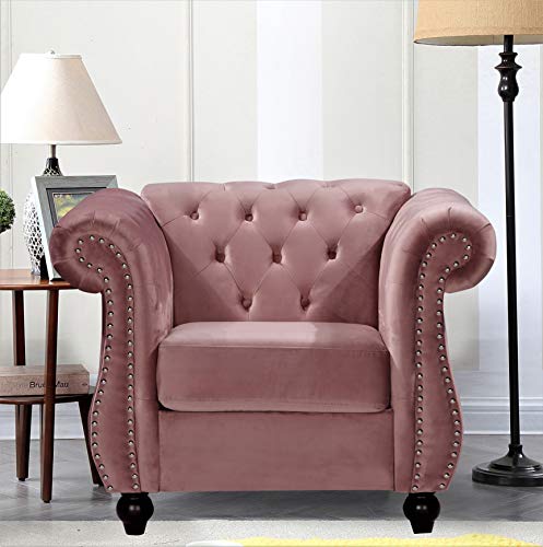 GDFStudio 40.6" Modern Velvet Accent Chair, Chesterfield Upholstered Lounge Chair with Rolled Arms, Comfy Single Sofa Chair with Button Tufted Back & Wood Tapered Legs for Living Room Bedroom, Rose - color: Rose, size: 1 Seat