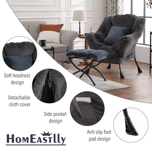 Lazy Chair with Ottoman, Plush Reading Chair with Pillow， Gray | Removable machine-washable cover; includes an extra throw pillow; cozy accent chair for living room, bedroom, dorm or office - color: Plush Blue-gray-1