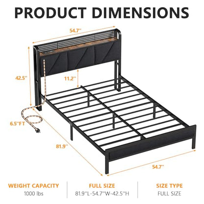 Full Size Bed Frame with Storage Shelf and Upholstered Headboard | Metal Platform Bed with LED Light, Charging Station and Heavy Duty Slats, No Box Spring Needed, Noise Free & Easy Assembly - size: Full, style: Bed Frame