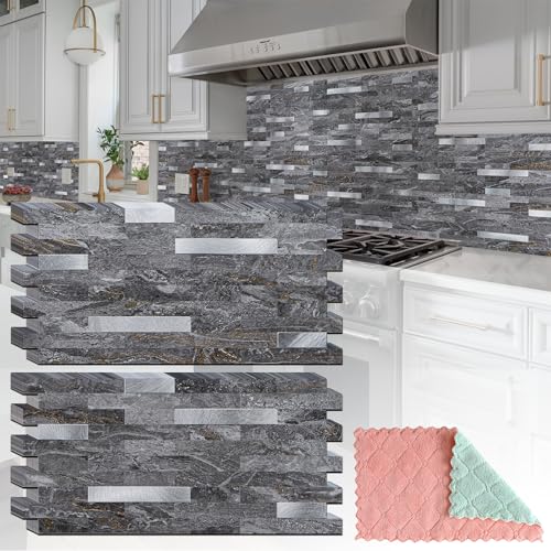 StyloVue 20 Sheets Peel and Stick Backsplash for Kitchen, Gray-Gold Stone with Metal Silver Look Stick on Tile Upgrade Your Kitchen Backsplash, RV, Fireplace - color: Gray-Gold Stone with Metal Silver