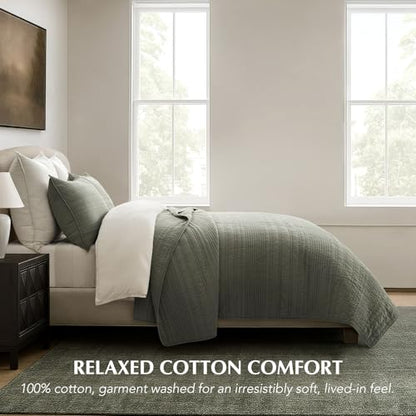 EVERGRACEHOME 100% Cotton Quilt Set Oversized Cal King, Olive Green | Pre-Washed Soft Cotton, Striped Coverlet Bedspread, 3 Piece Lightweight Bedding Set for All Season, with 2 Pillow Shams - color: Olive Green, size: Oversized Cal King (118" X 102")