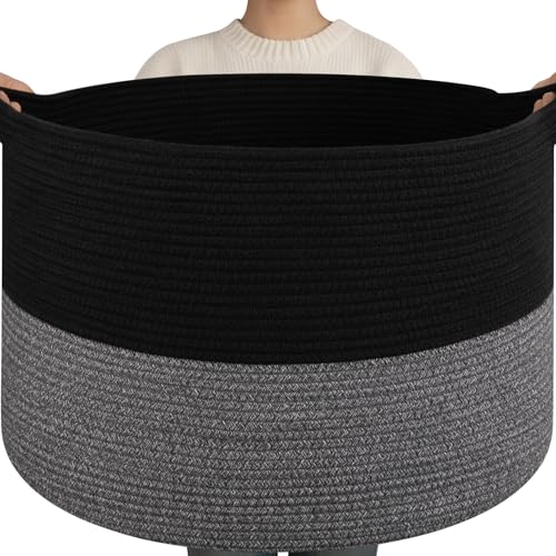 OIAHOMY 115L Extra Large Blanket Basket for Living Room, 23.6" x 15.4" Woven Cotton Rope Laundry Basket for Organizing Pillows, Decorative Stuffed Animal Toy Storage for Nursery, Black and Grey - color: Black and Grey, size: 23.6"D x 15.4"H
