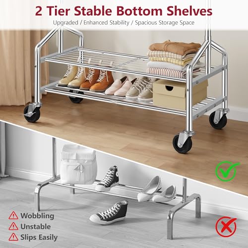 Clothes Rack with 2 Shelves, Heavy Duty Load 350 LBS, Chrome | Rolling Clothing Rack, Adjustable Length and Height, Garment Rack with Wheels for Bedroom, Student Dormitory and Laundry Room - color: Chrome