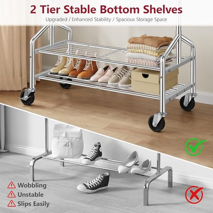 Clothes Rack with 2 Shelves, Heavy Duty Load 350 LBS, Chrome | Rolling Clothing Rack, Adjustable Length and Height, Garment Rack with Wheels for Bedroom, Student Dormitory and Laundry Room - color: Chrome
