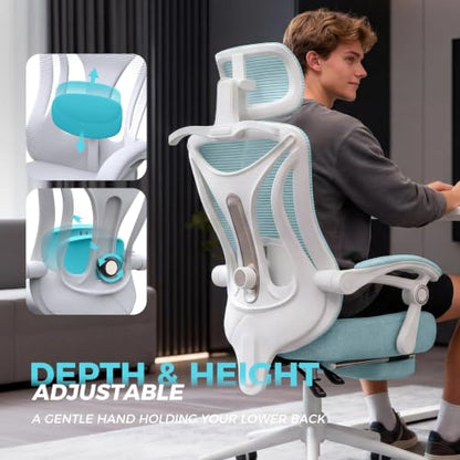 CYKOV Ergonomic Office Chair, Reclining, Footrest, Adjustable Lumbar, 350LB | 4-Way Headrest (4.72" + 60°), 2-Way Lumbar (2" + 1.18"), 90-135° Recline, Breathable Mesh, Gaming & Office, 5-Year Warranty - color: W-blue