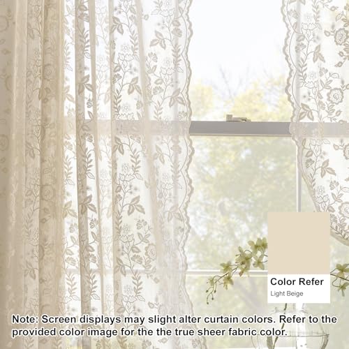 Beige Lace Kitchen Curtains Rustic Leaf Floral W42 x L45 Inch 2 Panels | Rod Pocket, Airy Knit Falls, Rays Diffused, Earthy Tone Warms Rustic Rooms, Compact Drape Keeps Sills Clear, Privacy - color: Beige, size: 42"W x 45"L (Pack of 2)