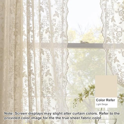Beige Lace Kitchen Curtains Rustic Leaf Floral W42 x L45 Inch 2 Panels | Rod Pocket, Airy Knit Falls, Rays Diffused, Earthy Tone Warms Rustic Rooms, Compact Drape Keeps Sills Clear, Privacy - color: Beige, size: 42"W x 45"L (Pack of 2)