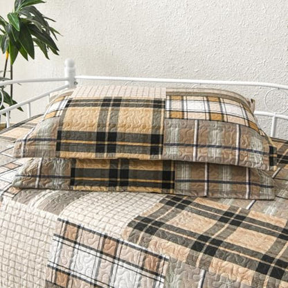Jarson 3 Pcs Plaid Daybed Cover Set Twin Size Brown Beige Sofa Cover Double Side Bed Set Classic Patchwork Bedding Sets Daybed Quilt Set with Pillow Shams - color: Brown Beige
