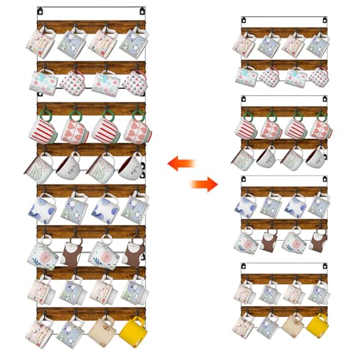 Rustic Wood Coffee Mug Rack - Wall Mount Cup Holder Shelf Storage for Kitchen, Home, Bar, Office (4 Pack, Holds 32 Mugs) - size: 8-Tier
