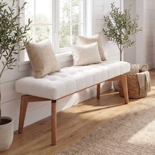 HNY White Upholstered Bench,End of Bed Bench | Entryway Bench Storage Bench Modern Tufted Floating Design Window Bench Seat for Living Room Indoor Hallway( Chenille) - color: White Chenille