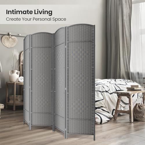 4 Panel Folding Room Divider,Woven Privacy Screen,Grey | Solid wood frame, handcrafted diamond pattern, 6FT tall, extends to 63 inches wide, no assembly required - color: Grey, size: 4-Panel