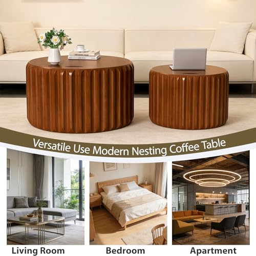 Round Nesting Coffee Tables Set of 2, Walnut | Hidden Storage, Solid Wood Fluted, No Assembly Required, Mid-Century Modern Stackable, For Living Room, Bedroom, Balcony - color: Walnut