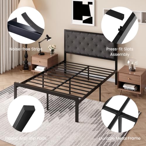 SHA CERLIN Full Size Metal Bed Frame with Linen Tufted Headboard, Dark Gray | Modern Design Heavy-Duty Platform Bed, No Box Spring Need, Linen Fabric Upholstery, Noise Free, Easy Assembly - color: Dark Grey, size: Full