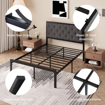 SHA CERLIN Full Size Metal Bed Frame with Linen Tufted Headboard, Dark Gray | Modern Design Heavy-Duty Platform Bed, No Box Spring Need, Linen Fabric Upholstery, Noise Free, Easy Assembly - color: Dark Grey, size: Full