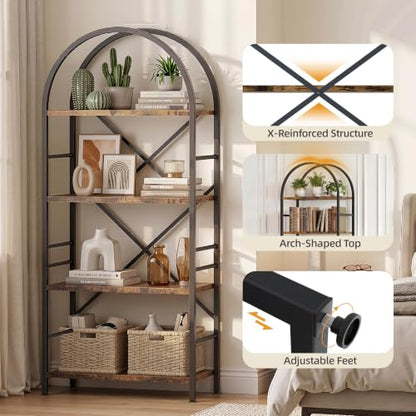Vongrasig Industrial Arched Bookshelf, 4 Tier Open Bookcase | Sturdy Wood and Metal Display Standing Shelf for Home Office, Living Room, Bedroom, Rustic Brown - color: Rustic Brown